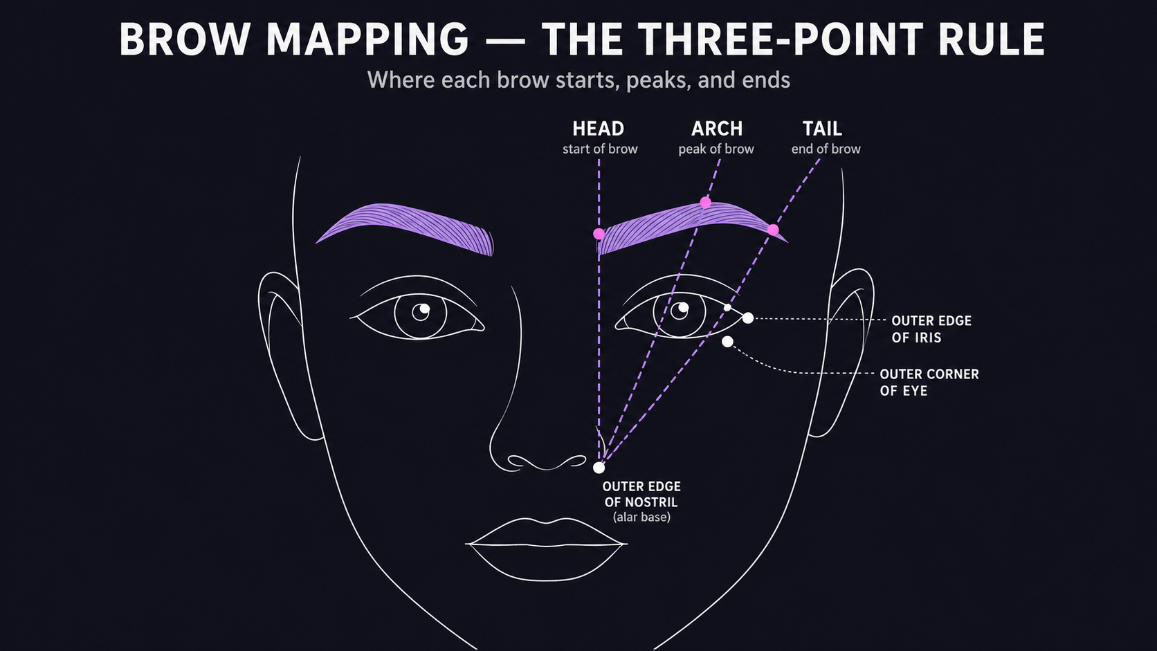 Front-view face diagram showing the three-point brow-mapping rule: head (vertical line from outer nostril), arch (diagonal through outer iris), and tail (diagonal through outer eye corner), all originating at the alar base