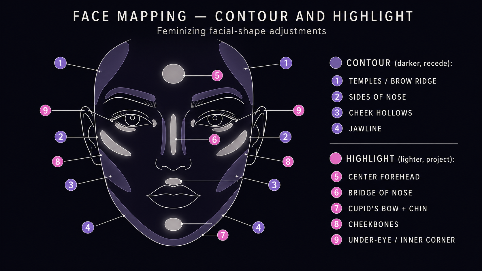 Face-mapping diagram showing four feminizing contour zones (temples, sides of nose, cheek hollows, jawline) and five highlight zones (center forehead, nose bridge, cupid's bow and chin, cheekbones, under-eye and inner corner)