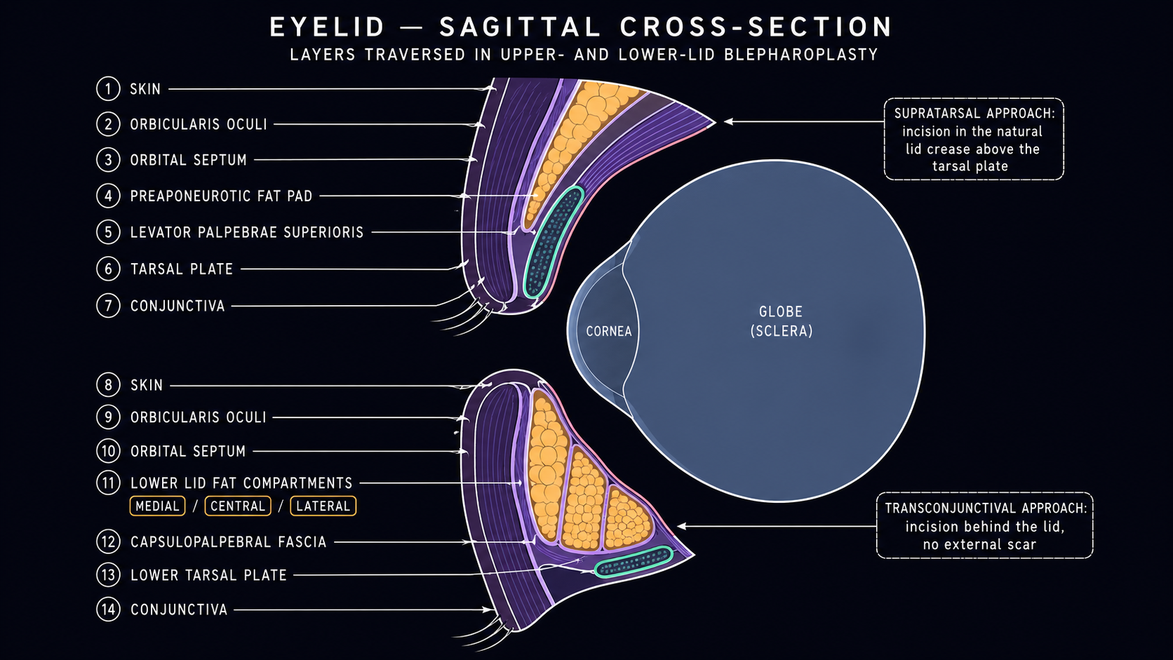 Sagittal cross-section of upper and lower eyelid showing skin, orbicularis oculi, orbital septum, fat pads, levator/capsulopalpebral fascia, tarsal plate, and conjunctiva, with supratarsal and transconjunctival incision approaches labeled