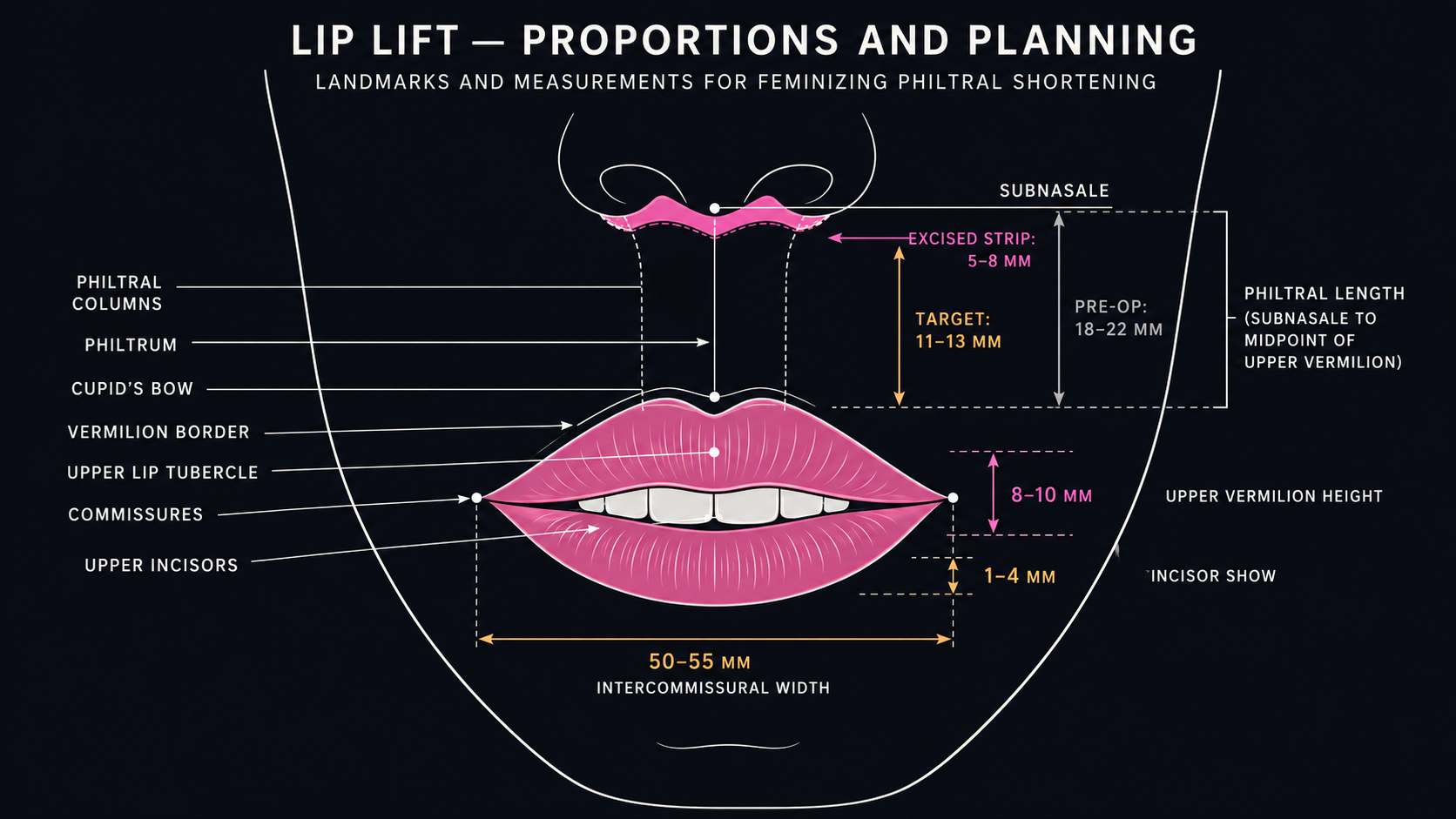 Frontal lower-face diagram with all lip-lift planning landmarks (subnasale, philtral columns, cupid's bow, vermilion border, tubercle, commissures, upper incisors) and feminizing target measurements (philtral length 11–13 mm, bullhorn excision 5–8 mm, vermilion height 8–10 mm, incisor show 1–4 mm, intercommissural width 50–55 mm)