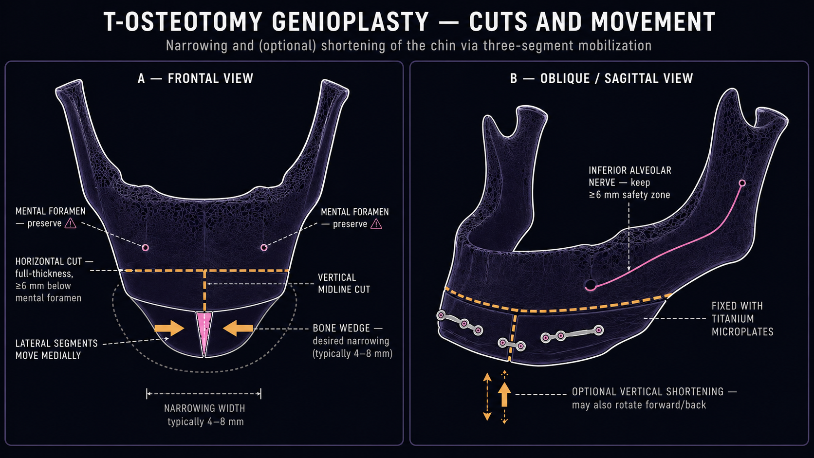 Two-panel T-osteotomy genioplasty diagram showing the frontal view with horizontal and vertical-midline cuts, central bone wedge removed, and lateral segments medialized to narrow the chin, plus an oblique view with the inferior alveolar nerve, 6 mm safety zone, and titanium-microplate fixation