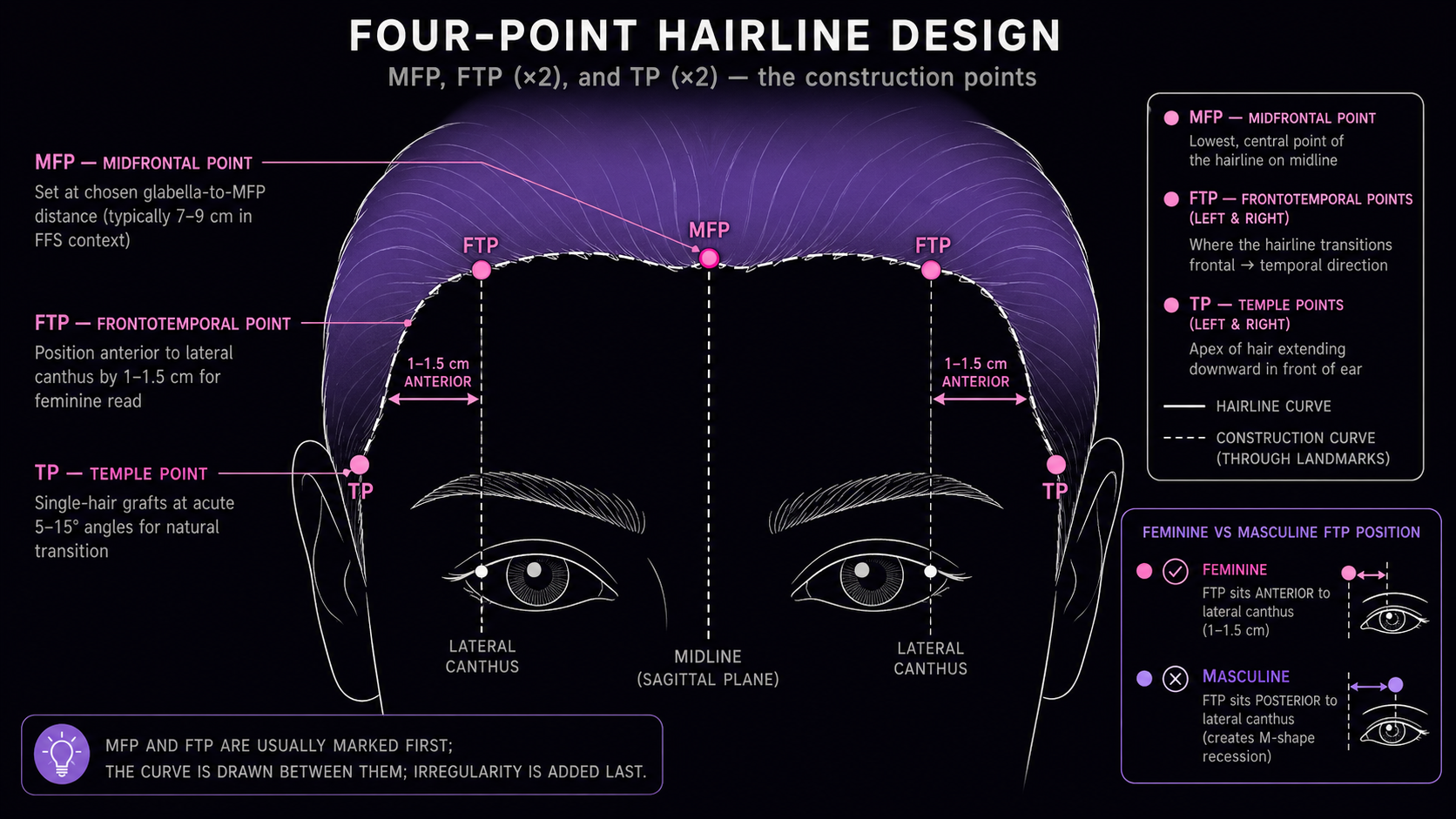 Frontal hairline-design template marking the midfrontal point, both frontotemporal points (anterior to lateral canthus by 1–1.5 cm for feminine read), and both temple points, with midline and lateral-canthus construction lines and a feminine-vs-masculine FTP-position comparison