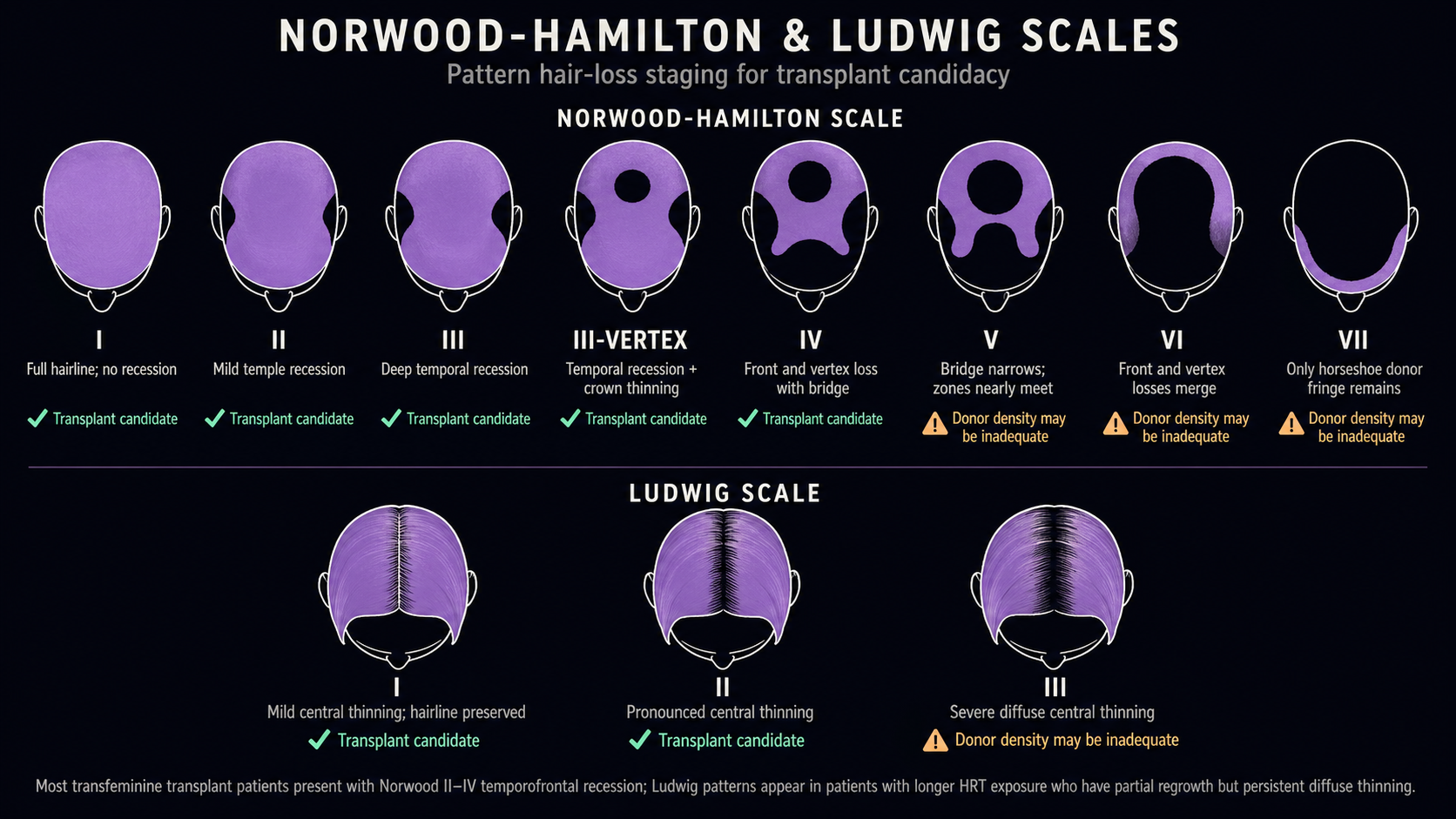 Combined Norwood-Hamilton (eight stages, male pattern) and Ludwig (three stages, female pattern) hair-loss staging diagrams with top-down head silhouettes, candidacy indicators showing transplant viability for Norwood I–IV and Ludwig I–II versus inadequate donor density at Norwood V–VII and Ludwig III
