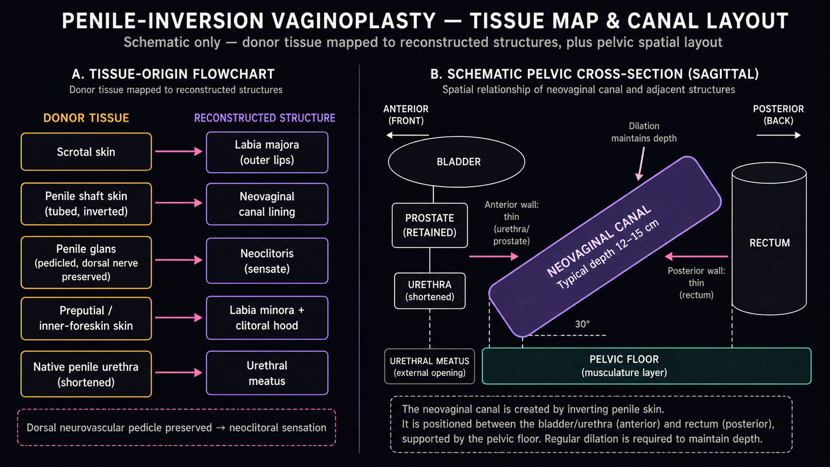 Schematic of penile-inversion vaginoplasty showing donor tissue → reconstructed structure mapping (scrotal skin to labia majora, penile shaft to canal lining, glans to neoclitoris, preputial to labia minora, urethra shortened) and a pelvic cross-section locating the canal between bladder/prostate anteriorly and rectum posteriorly